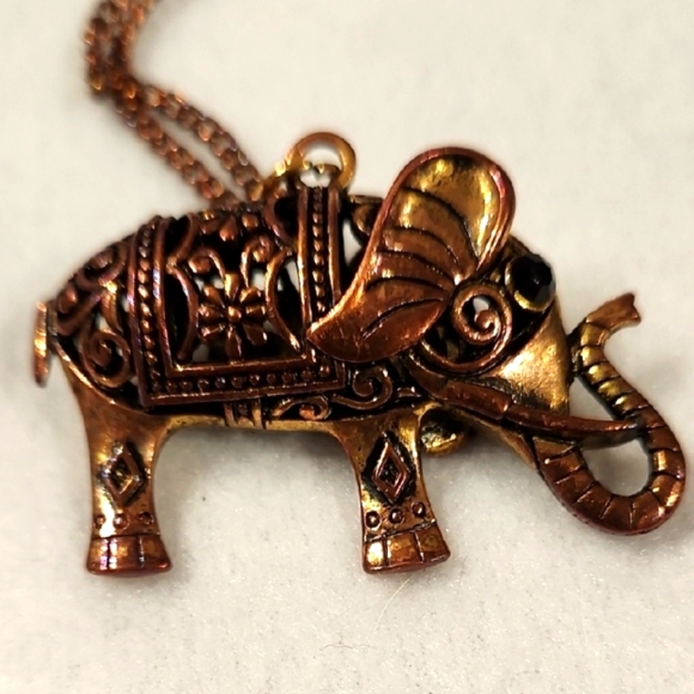 Brown, Gold Copper Jewelry Elephant Pendant Necklace with Intricate Detailing - Picture 5 of 7